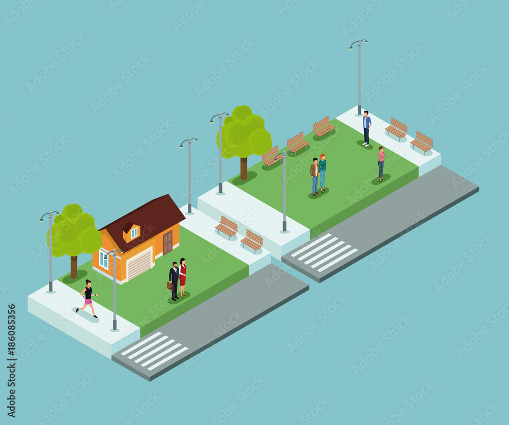 Isometric people in park on blue background vector illustration graphic
