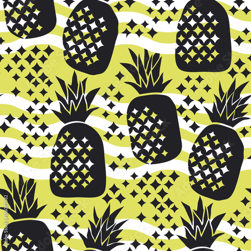 Concept pineapple silhouette seamless pattern. Summer tropical repeatable motif for surface design, background, fabric.