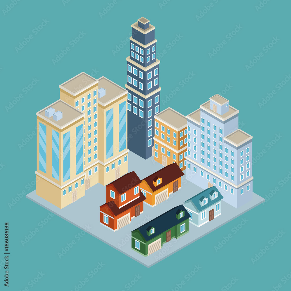 Isometric city 3d on blue background vector illustration graphic