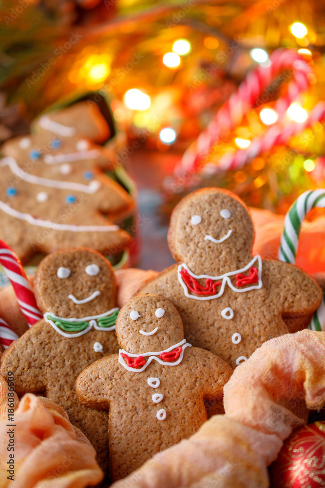 Family traditional holiday. Christmas ginger men. Postcard for Christmas and New Year.