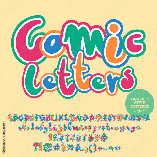 Vector childish set of Alphabet with playful text Comic Letters. Colorful Font contains Graphic style