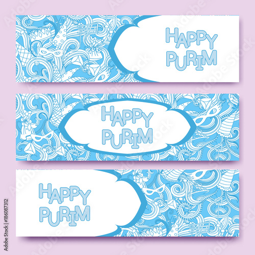 Purim banners collection with carnival masks and jaster hats, crowns, traditional Hamantaschen cookies. Happy Purim. Blue and white colors. Vector illustration. photo