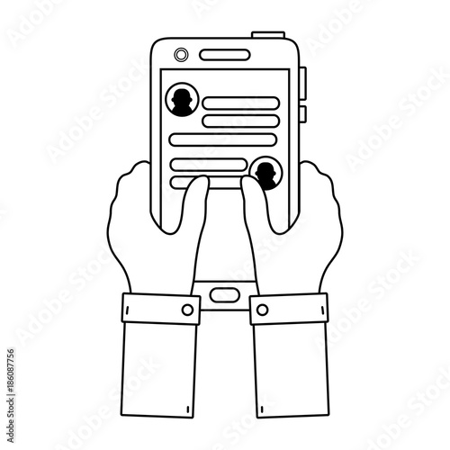 line hands with smartphone and whatsapp chat message