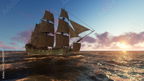 Sailboat at sea in the evening at sunset 3d illustration