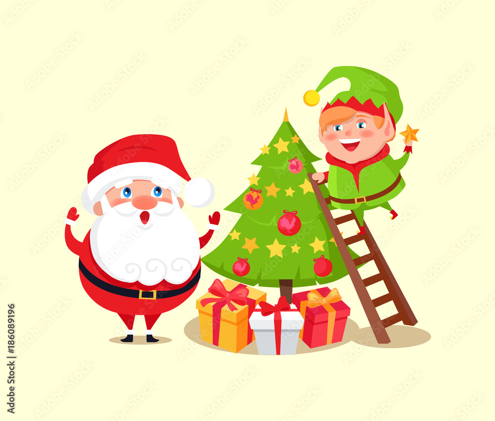 Santa Claus and Elf Decorating Christmas Tree Santa Claus and Elf Decorating Christmas Tree
