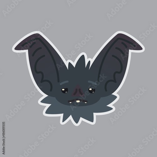 Bat sticker. Emoji. Illustration of cute Halloween bat vampire shows sad emotion. Weary. Isolated emoticon icon with sublayer. Bat-eared grey creature snout. Print design. Badge. Sadness. Vector.