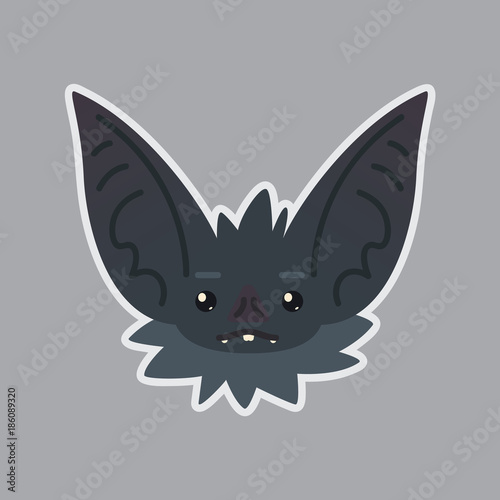 Bat sticker. Emoji. Vector illustration of cute Halloween bat vampire shows neutral emotion. Poker face. Emoticon icon with sublayer. Bat-eared grey creature snout. Print design. Badge. Apathetic.