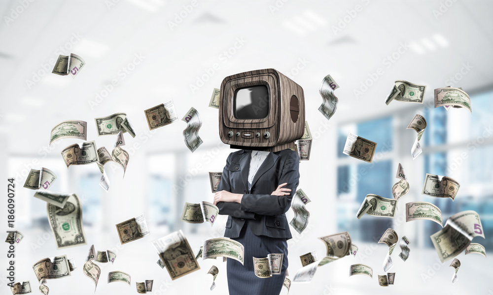 Fototapeta premium Business woman with old TV instead of head.