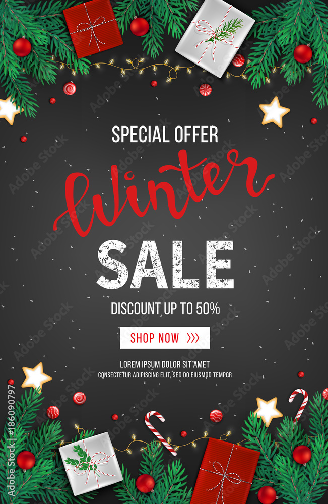 Winter sale discount banner, poster, flyer template. Special seasonal offer.  Fir branches, paper gifts boxes, cookies, candies, garlands on a black background. Vector illustration Top view