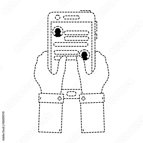 dotted shape hands with smartphone and whatsapp chat message