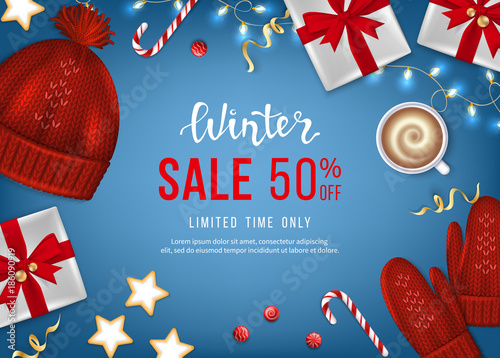 Winter sale banner, poster, flyer template with realistic gift boxes, hat, mittens, garlands, sweets, coffe on a blue background. Discount seasonal offer. Vector illustration. Top view