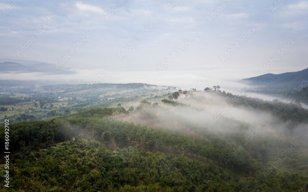 Mountain and morning mist from drone