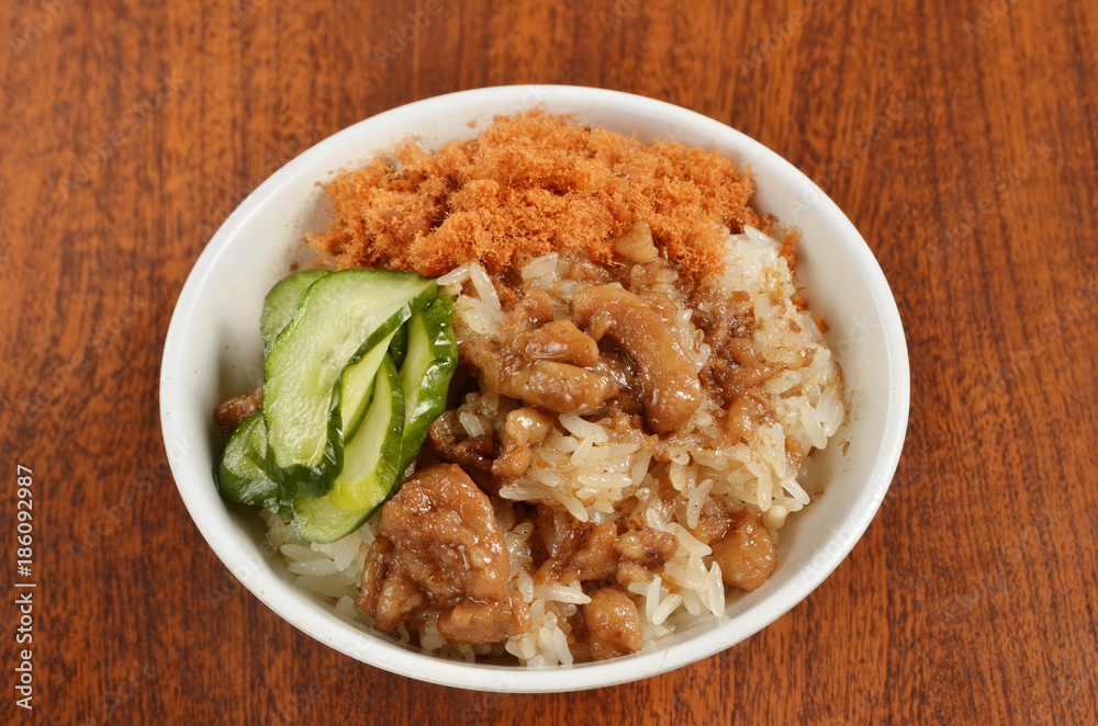 Braised pork rice on wood table Braised pork rice on wood table
