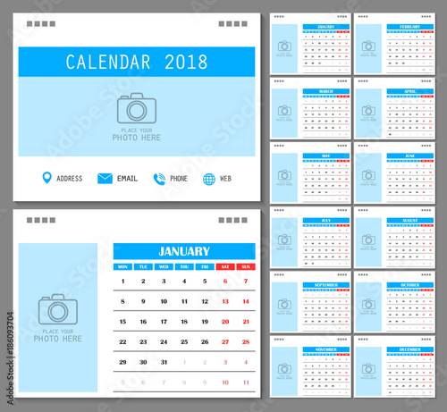 Calendar for 2018 Year. Design template with place for photo and week starts on monday