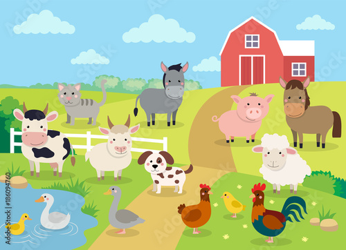 Farm animals with landscape - cow  pig  sheep  horse  rooster  chicken  donkey  hen  goose  duck  goat  cat  dog. Cute cartoon vector illustration in flat style