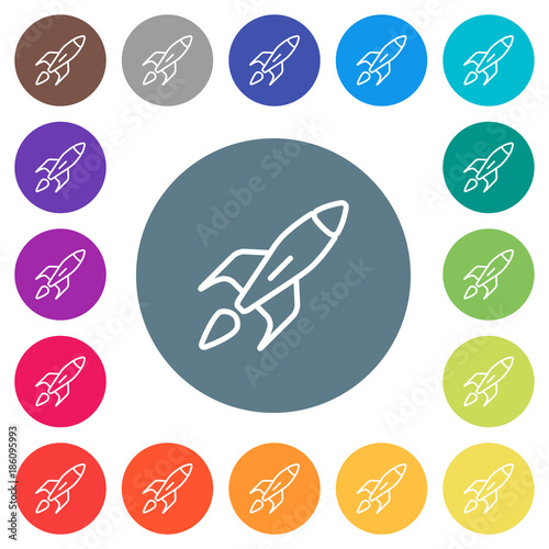 Launched rocket flat white icons on round color backgrounds