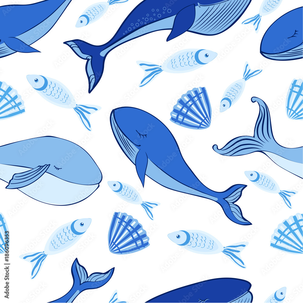 Seamless vector pattern, Sleep Blue Whale cute cartoon illustration ...