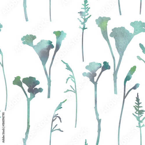 Vector floral botanical seamless pattern with hand drawn herbs and twigs with...