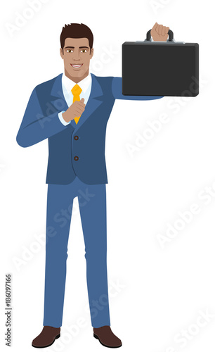 Businessman pointing at himself and holding briefcase
