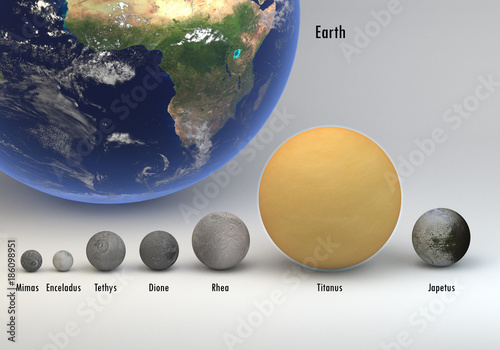 Fototapeta Naklejka Na Ścianę i Meble -  Saturn moons in size and Earth comparison with captions
