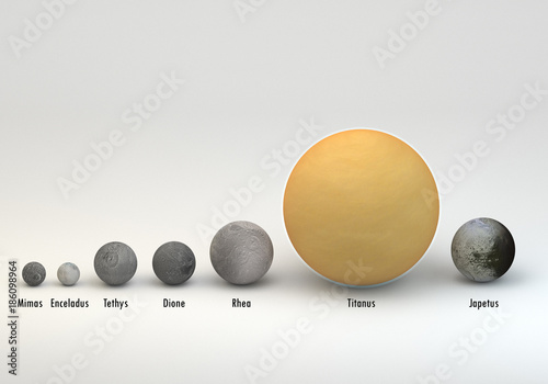 Fototapeta Naklejka Na Ścianę i Meble -  Saturn moons in size comparison with captions