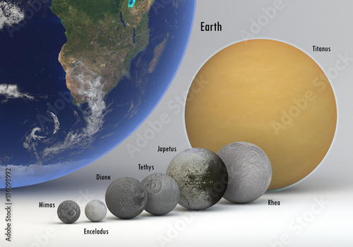 Fototapeta Naklejka Na Ścianę i Meble -  Saturn moons in size and Earth comparison