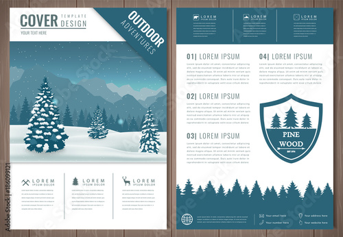 Outdoors flyer design with mountains landscape. Brochure headline for Sport and Recreation. Vector