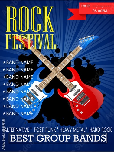 Rock festival banner design template with guitar. Vector illustration