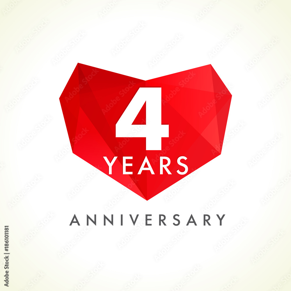 4 years anniversary heart logo. Template emblem of 4th years celebration in facet heart shape. Vector illustration 4 years anniversary heart logo. Template emblem of 4th years celebration in facet heart shape. Vector illustration