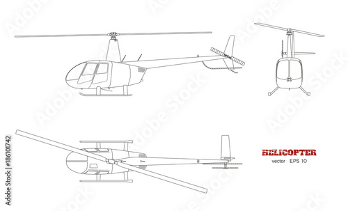 Blueprint of helicopter. Top, front and side view. Detailed image of business vehicle.  Industrial isolated drawing. Copter in outline style