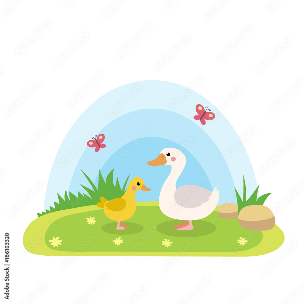 Fototapeta premium Farm animals with landscape - cute cartoon vector illustration with duck and duckling