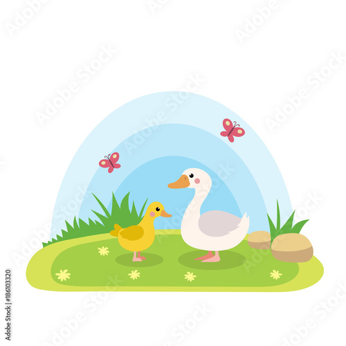 Farm animals with landscape - cute cartoon vector illustration with duck and duckling