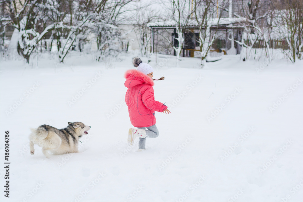 A girl in a pink jacket and hat runs in the snow next to a Husky dog.