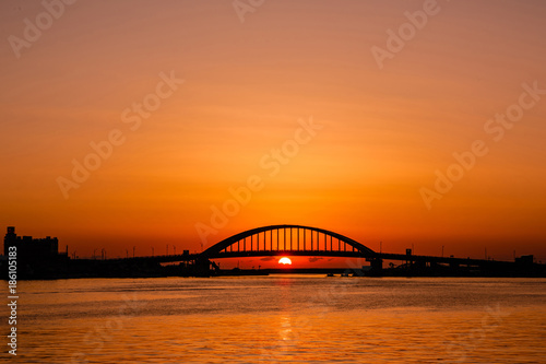 Sunrise at the Seorak Grand Bridge. Sockcho, South Korea.