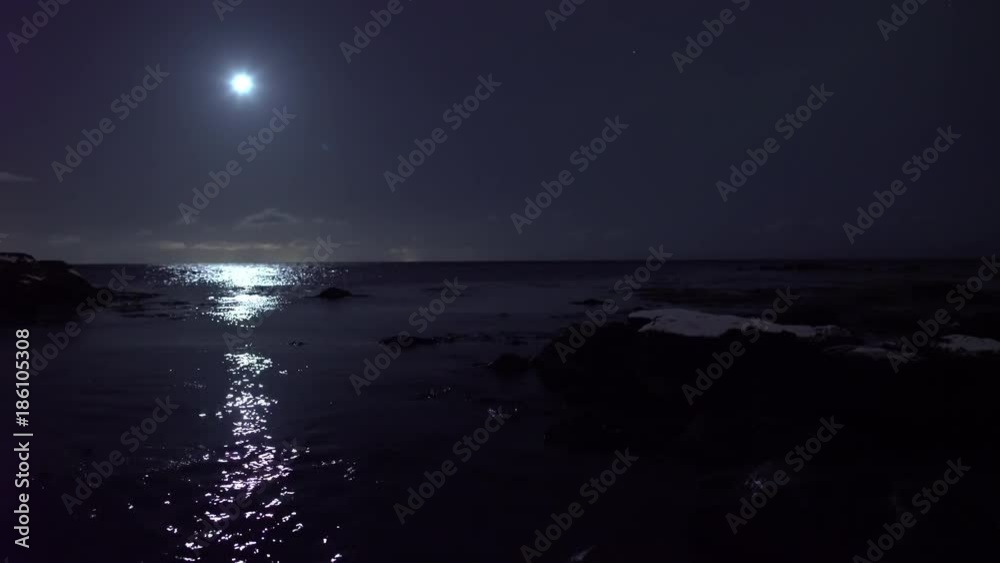 Bright moon reflecting in calm ocean water, Iceland night Bright moon reflecting in calm ocean water, Iceland night