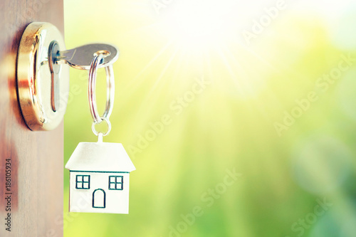House key in the door with green background photo
