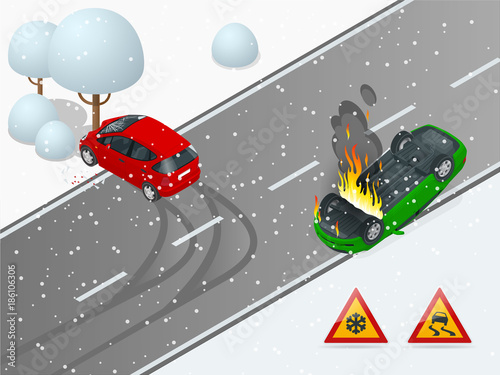 Isometric winter slippery road, car accident. The car rides on a slippery road. The car crashed into a tree, the car turned over and caught fire. Urban transport.