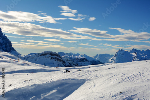 Almost empty ski slopes in Dolomites, Italy, Europe. © Alena