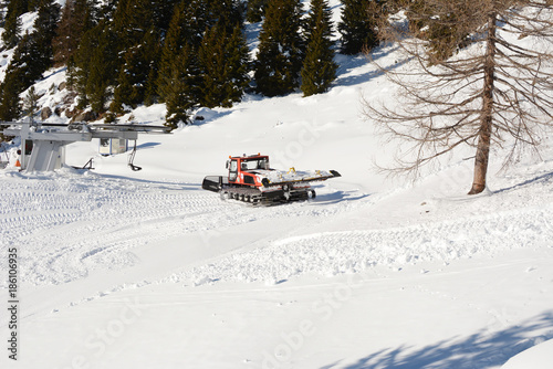 Almost empty ski slopes in Dolomites, Italy, Europe.
