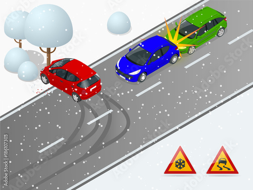 Isometric winter slippery road, car accident. The car rides on a slippery road. The car crashed into a tree. Urban transport.