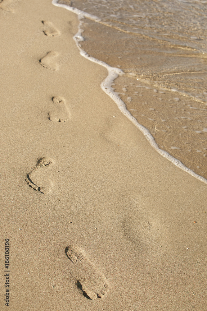 beach, wave and footsteps at sunset time
beach, wave and footsteps at sunset time