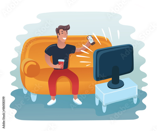 Man watching television on armchair. Tv and sitting in chair, drinking and eating. Vector flat illustration