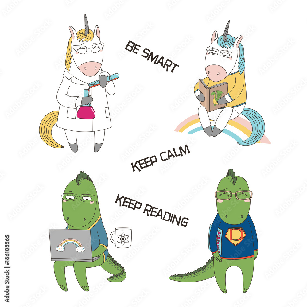 Set of hand drawn vector illustrations of cute funny cartoon dragons, unicorns in glasses, with book, comics, laptop, in lab coat, text. Isolated objects. Design concept for children, geek culture. Set of hand drawn vector illustrations of cute funny cartoon dragons, unicorns in glasses, with book, comics, laptop, in lab coat, text. Isolated objects. Design concept for children, geek culture.