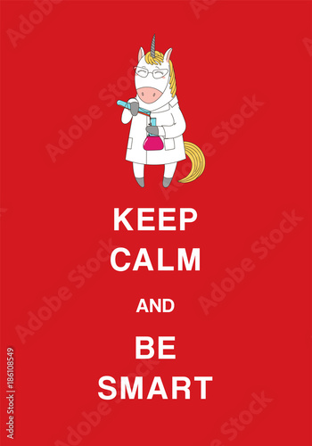 Typographic poster with a cute hand drawn funny cartoon dragon in glasses and sweatshirt, holding a comic book, text Keep calm and be smart. Isolated objects. Design concept for children, geek culture