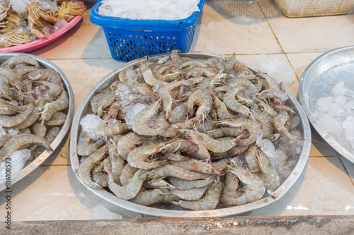 View of Fresh raw shrimp frozen on the ice
