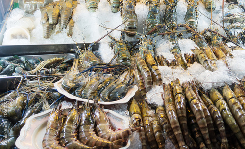 View of Fresh raw shrimp frozen on the ice
