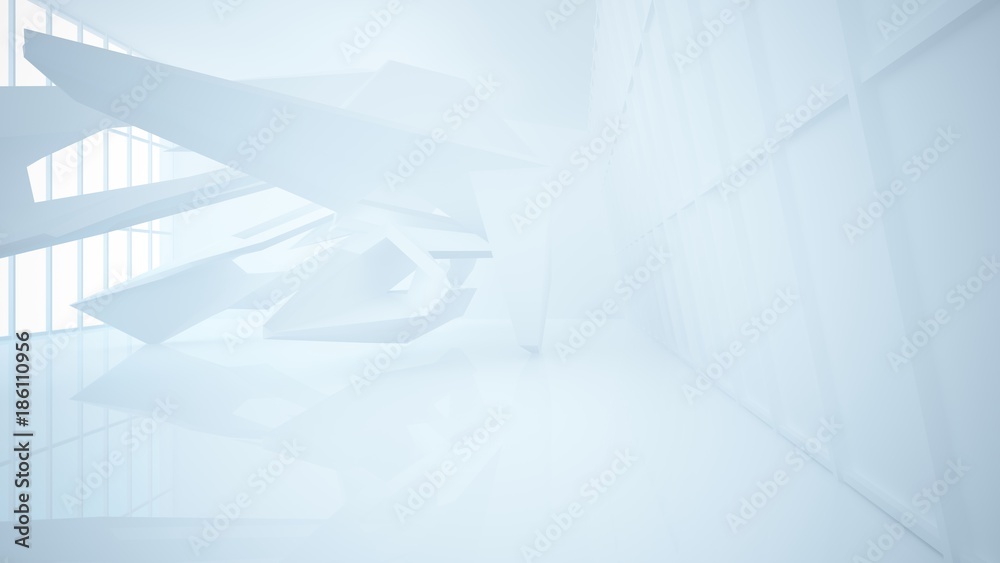 Fototapeta premium Abstract white interior multilevel public space with window. 3D illustration and rendering.