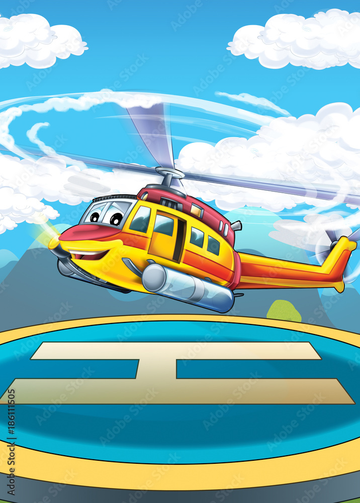 cartoon scene for different usage - cityscape with helicopter landing - illustration for children