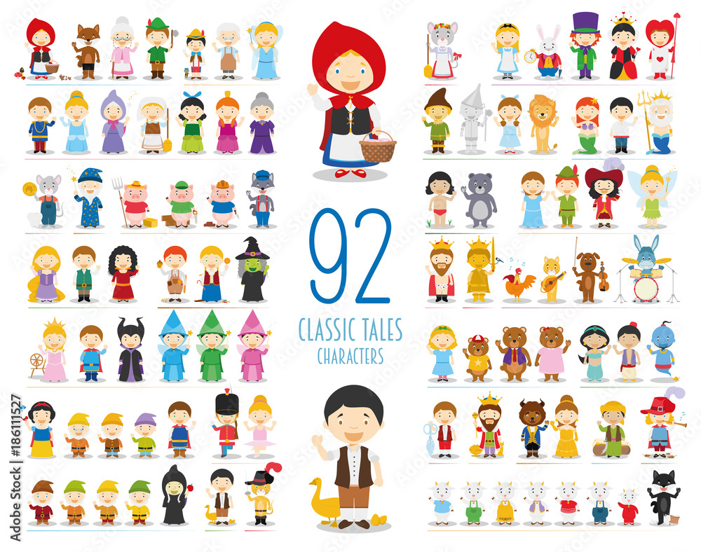 Naklejka premium Kolekcja znaków wektorowych dla dzieci: zestaw 92 klasycznych postaci z bajek w stylu kreskówki