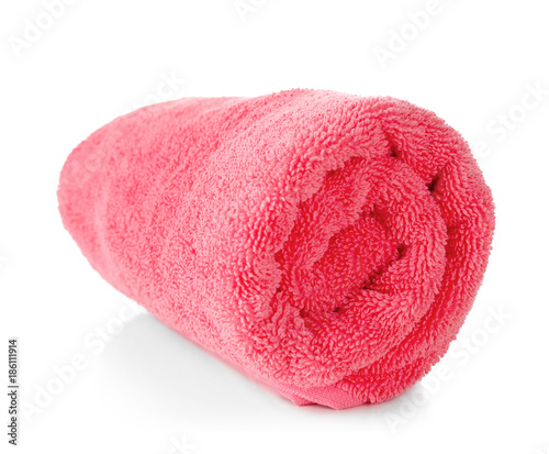 Rolled terry towel on white background
